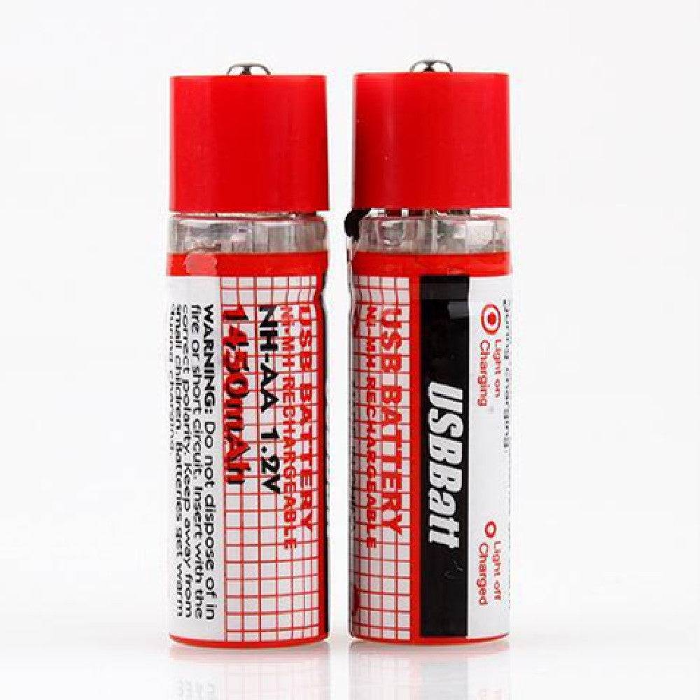 Rechargeable Batteries 2 x USB AA 1450mAh 1.2V Ni-MH with red caps, designed for multiple recharges. Ideal for general-purpose electronic devices.