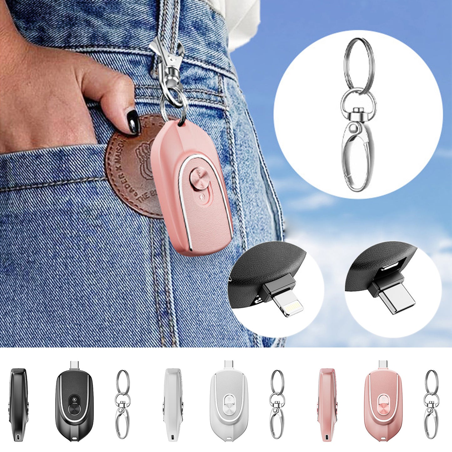 Power Bank Keyring Hanging Buckle 2 Output Interfaces 5V Retractable Plug Waterproof Phone Charging Accessories