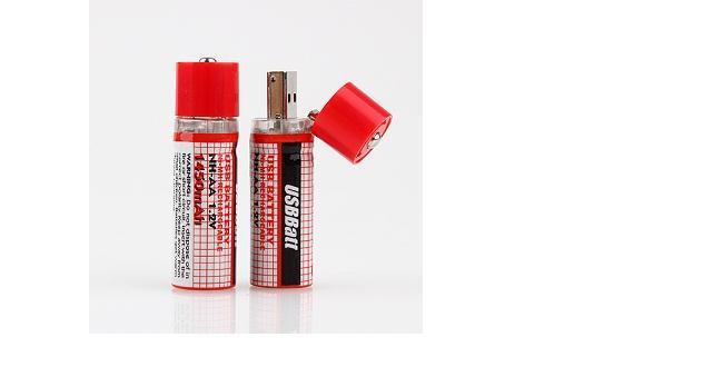 Rechargeable Batteries 2 x USB AA 1450mAh 1.2V Ni-MH with red caps, designed for multiple recharges. Ideal for general-purpose electronic devices.