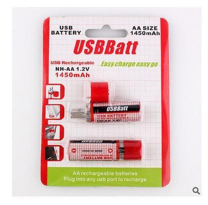 Rechargeable Batteries 2 x USB AA 1450mAh 1.2V Ni-MH with red caps, designed for multiple recharges. Ideal for general-purpose electronic devices.
