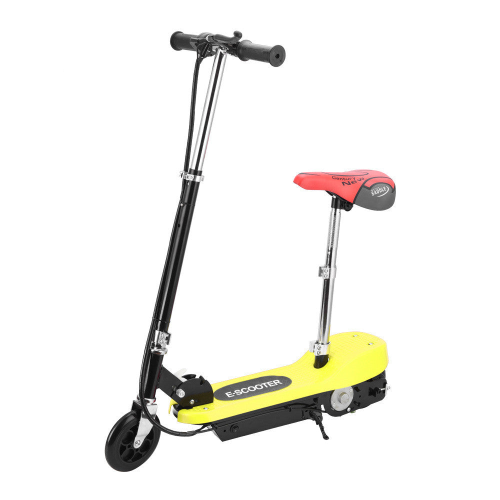 Small surfing electric scooter with folding design and lithium battery. Features a yellow seat, black handlebars, and a sturdy frame for short-distance travel.