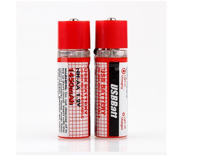 Rechargeable Batteries 2 x USB AA 1450mAh 1.2V Ni-MH with red caps, designed for multiple recharges. Ideal for general-purpose electronic devices.