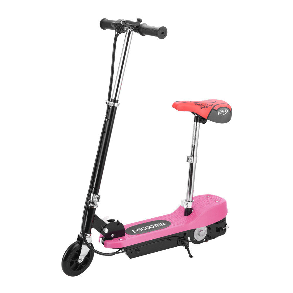 Small surfing electric scooter with folding design and lithium battery. Features a blue deck, black handlebar, and red cushioned seat for comfort.