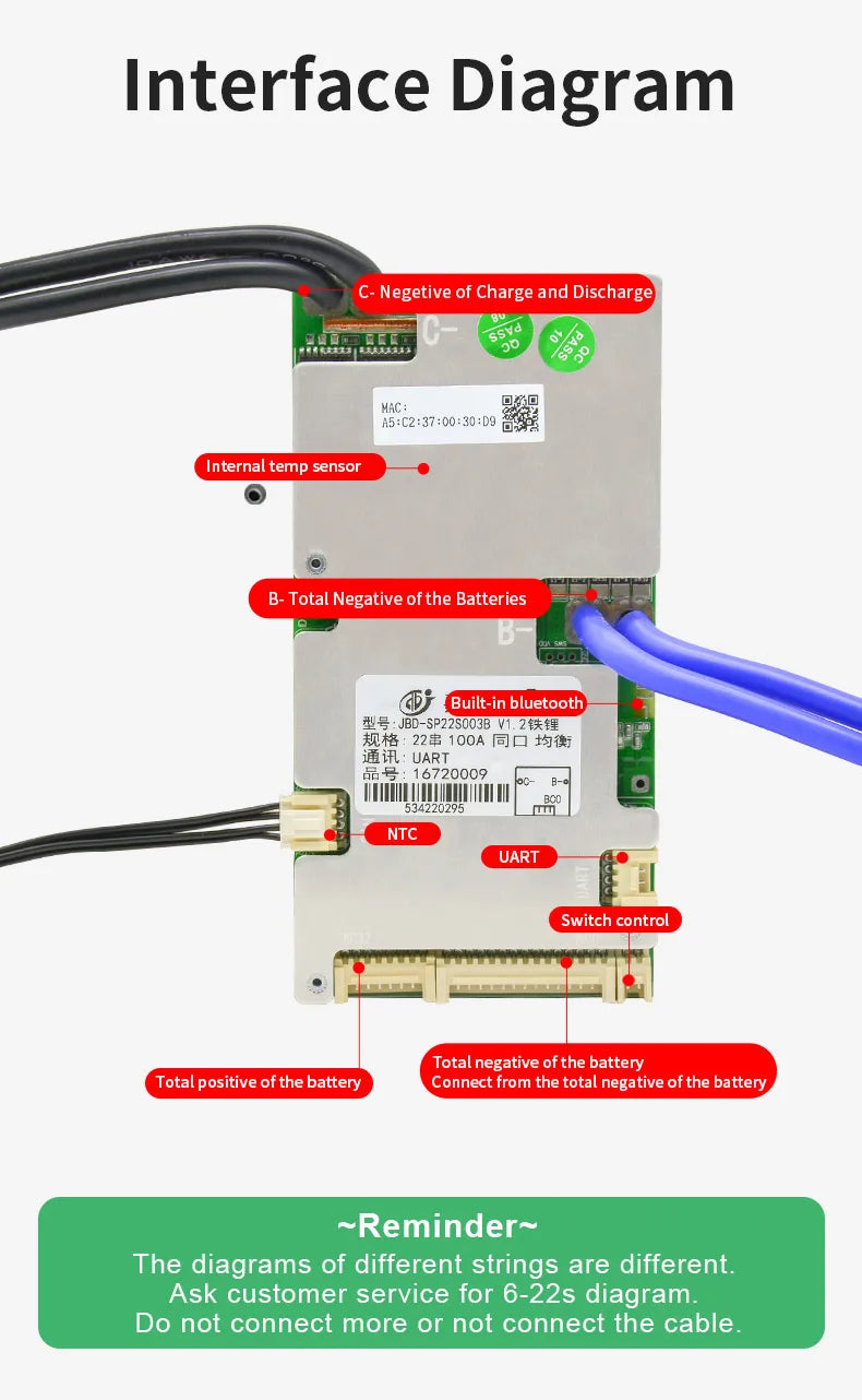 JBD Smart LiFePO4 BMS with Bluetooth - 6S to 21S (40A, 80A, 100A) | UART Function, Balance Board for E-Bike,