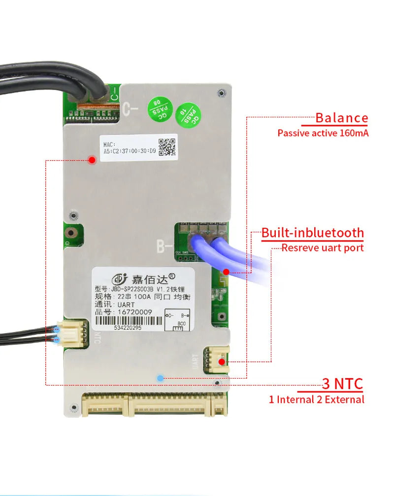 JBD Smart LiFePO4 BMS with Bluetooth - 6S to 21S (40A, 80A, 100A) | UART Function, Balance Board for E-Bike,