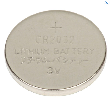 Lithium coin cell battery CR2032, 3V, compact power source for electronics.