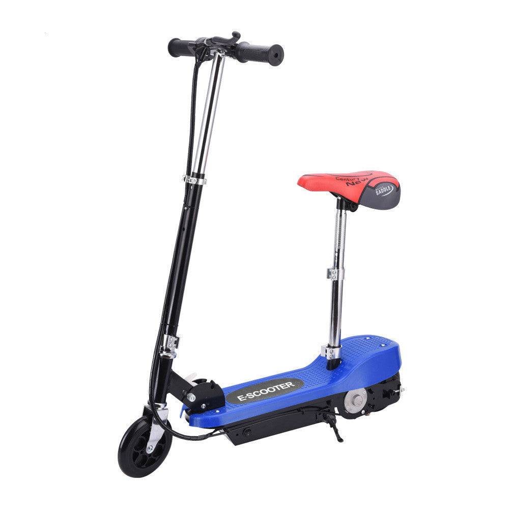 Small surfing electric scooter with folding design and lithium battery. Features a blue deck, black handlebar, and red cushioned seat for comfort.