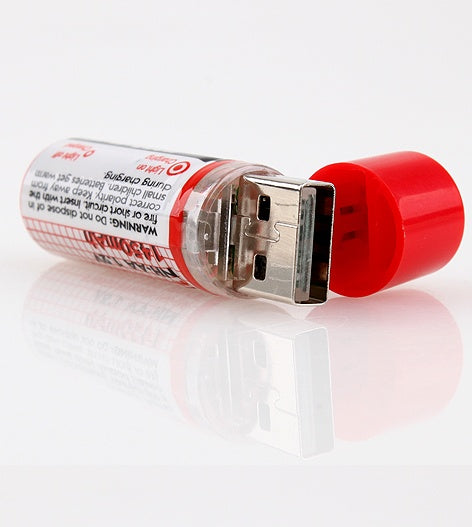 Rechargeable Batteries 2 x USB AA 1450mAh 1.2V Ni-MH with red caps, designed for multiple recharges. Ideal for general-purpose electronic devices.