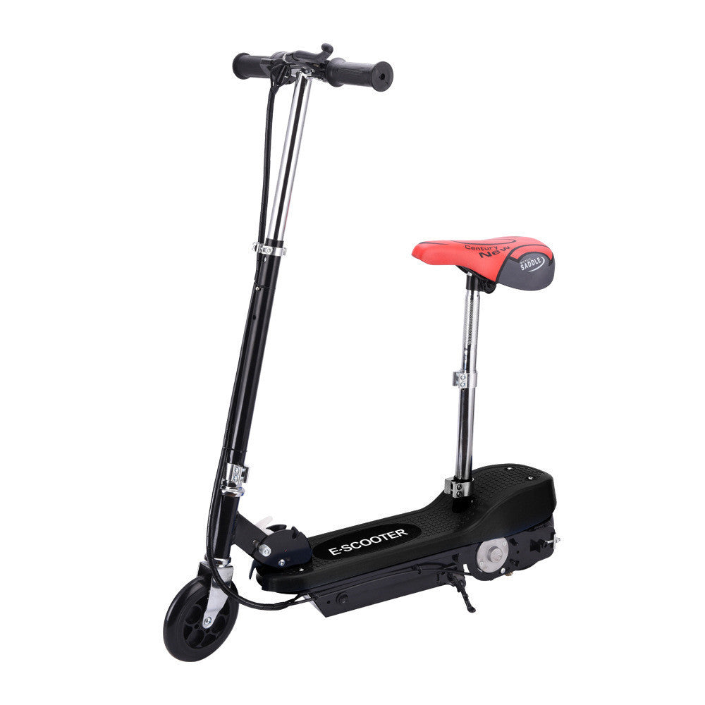 Small surfing electric scooter with folding design and lithium battery. Features a blue deck, black handlebar, and red cushioned seat for comfort.